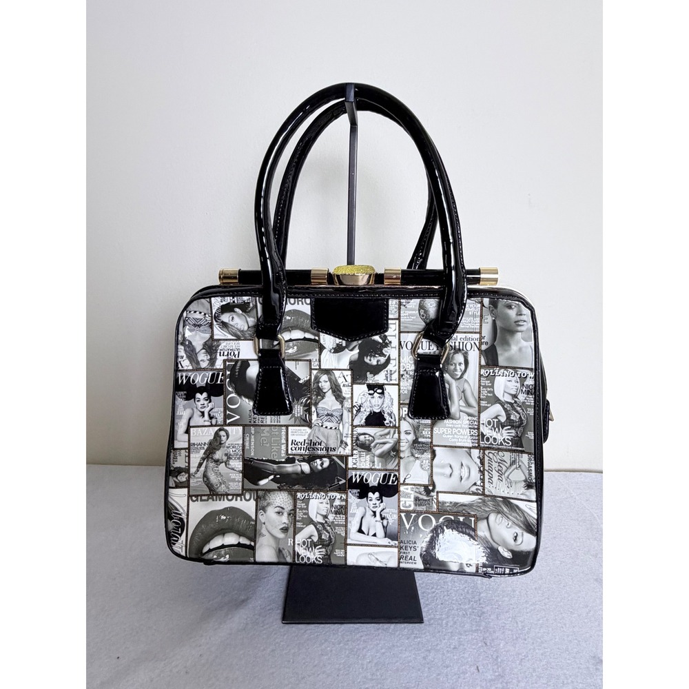 Y2K Pop Art Magazine Print Cover Collage Satchel Handbag Patent Trim Purse